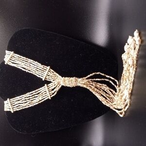 Chico's Multi-Strand Beaded Tassel Necklace in Ivory and Gold Tones